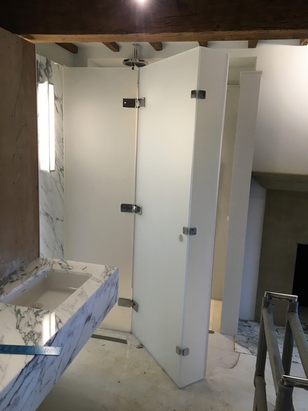 Bespoke frosted glass shower enclosure in Southgate luxury bathroom
